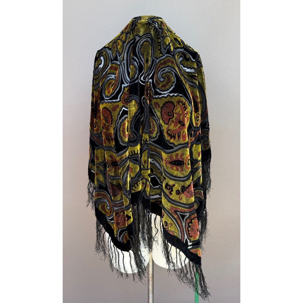 Vintage Silk Devore Velvet Paisley Burnout Fringe Shawl Wrap Go Black Whimsigoth